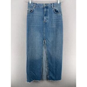 PILCRO Skirt 8 ANTHROPOLOGIE Madi Midi Front Slit Distressed Raw Hem Denim Blue